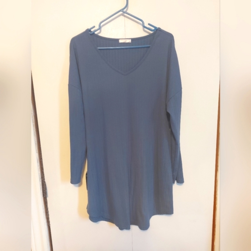 Ekouaer Ribbed Knit V-Neck Long Sleeve Nightgown Sleep Shirt Dusty Blue M
